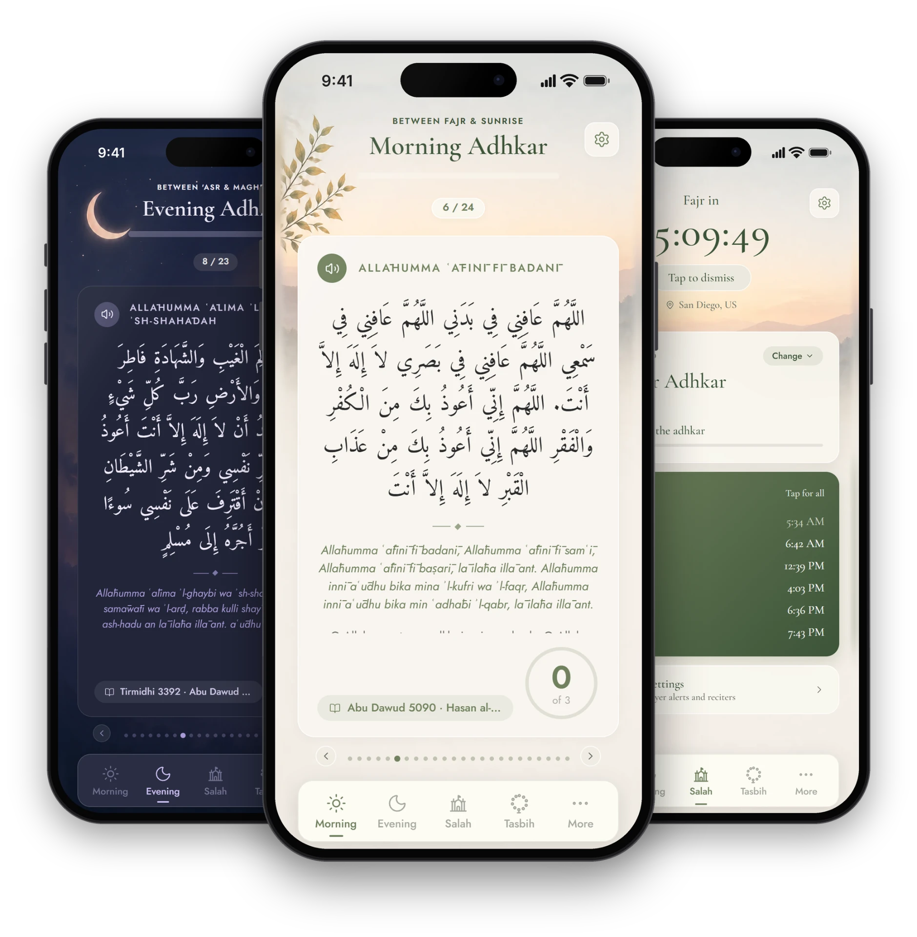 Sahih Al-Adhkar app showing Morning Adhkar, Evening Adhkar, and prayer times