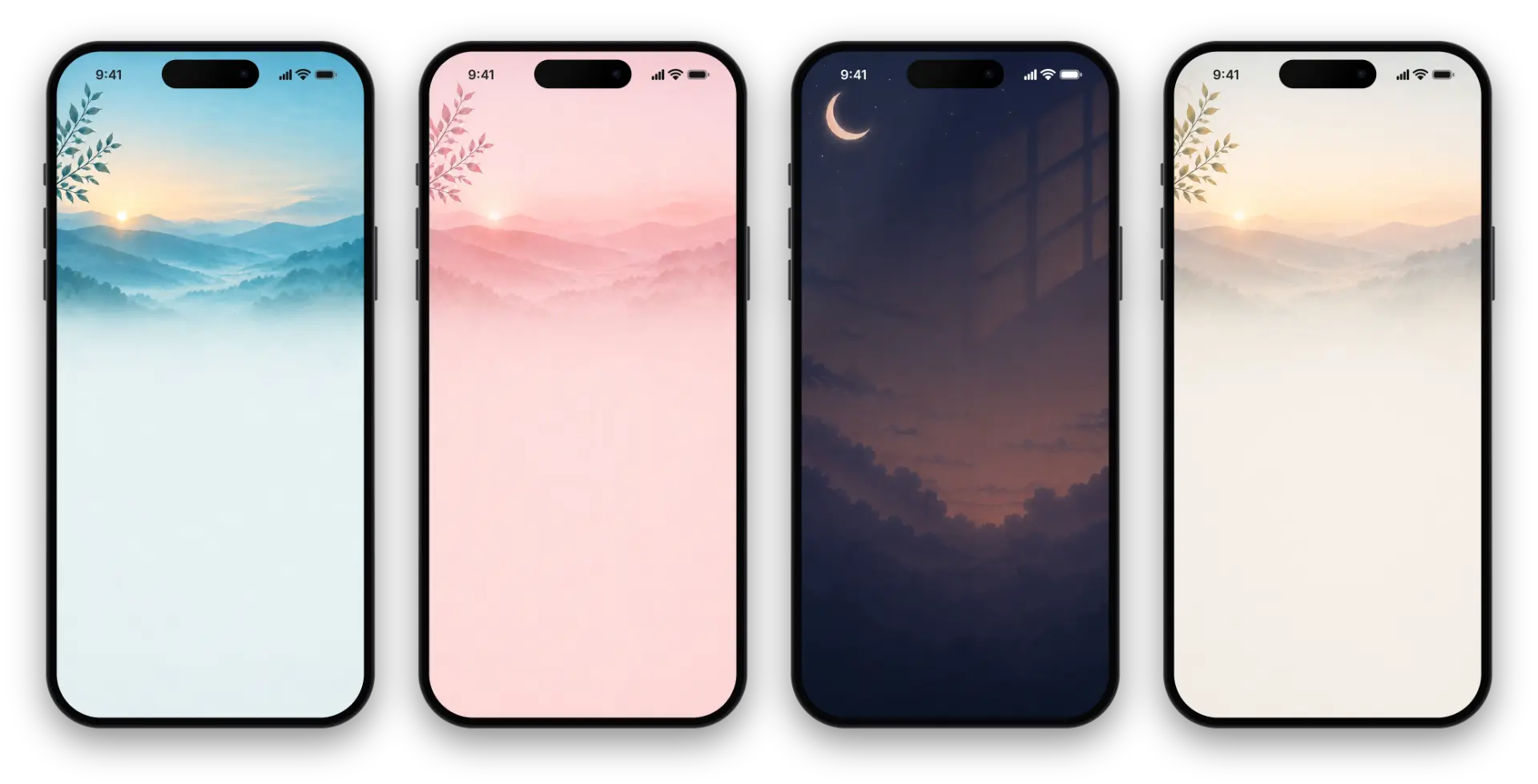 Sahih Al-Adhkar theme previews: ocean, rose, midnight, and sand